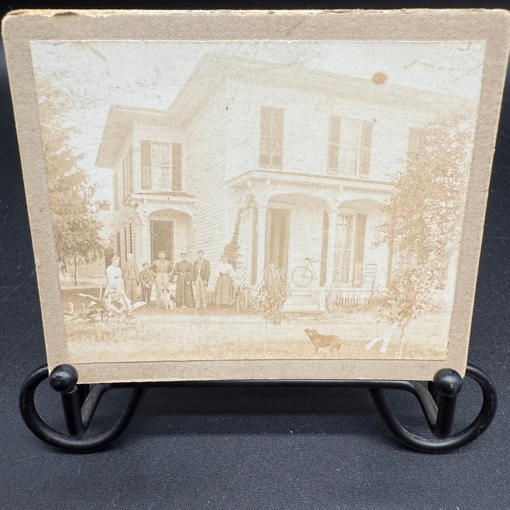 Antique Mounted Photo Family With Dog and Two Bicycles Outside‎ Victorian Home